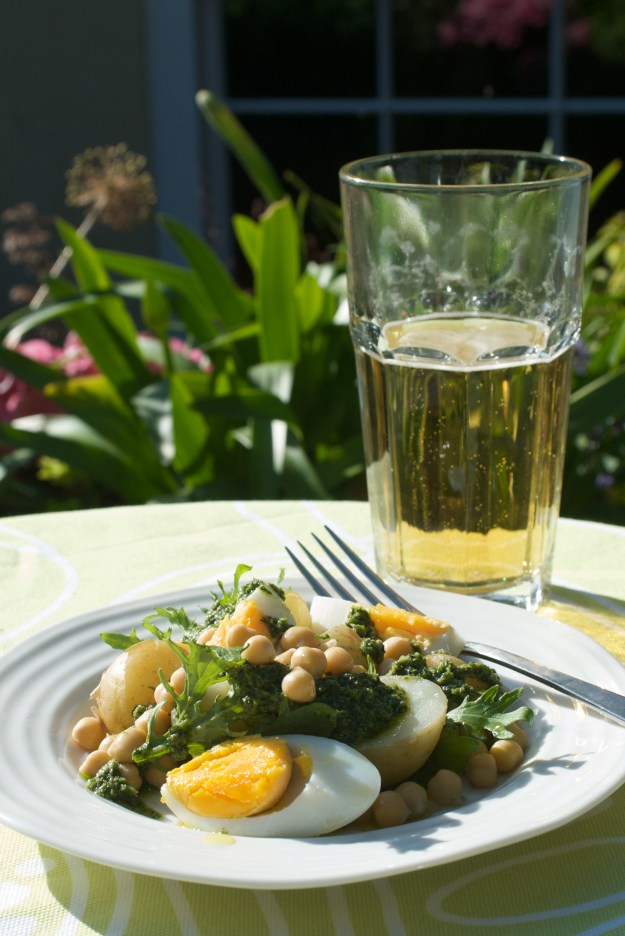 Chicpea, potato and egg salad with Salsa Verde