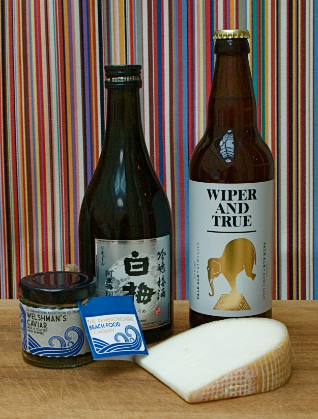 Plum Sake, Wiper and True Ale, Rachel goat's cheese and dried laver flakes.